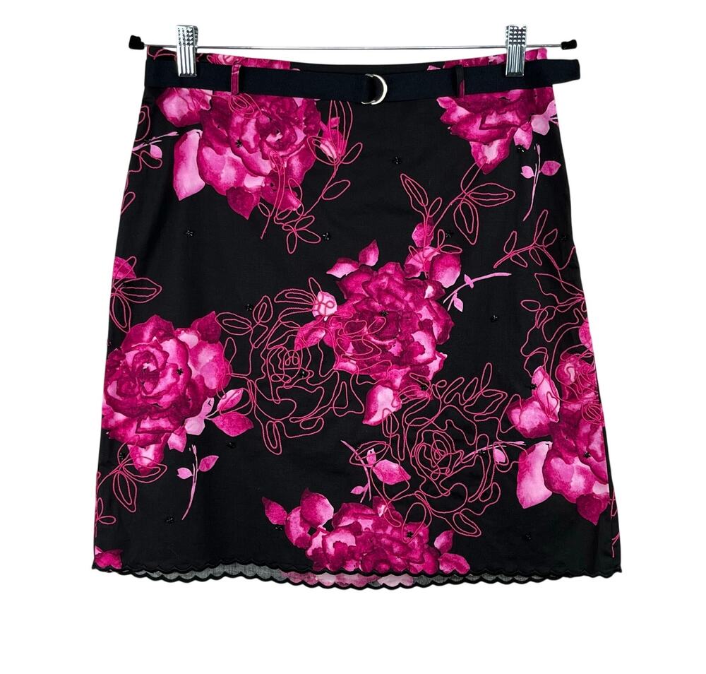 Grace Elements Black Pink Belted Embroidered Floral Pencil Mini Skirt Petite 10